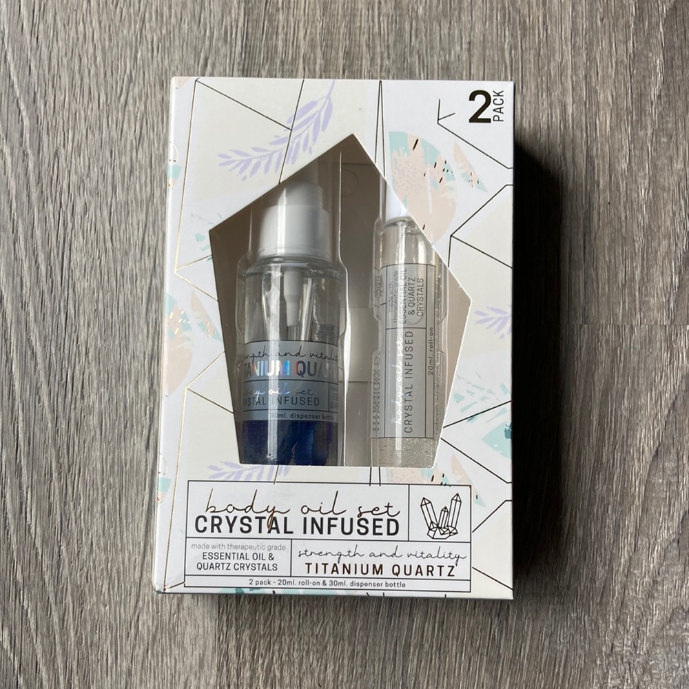 Body oil set strength and vitality titanium quart roll on and dispenser bottle